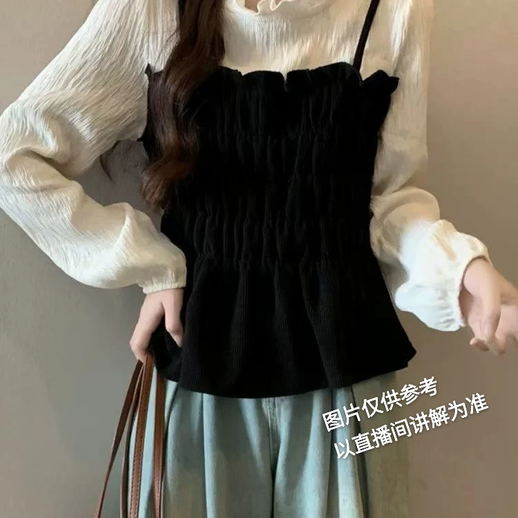 桃桃·新款微胖MM法式灯芯绒拼接假两件荷叶边长袖衬衫显瘦上衣