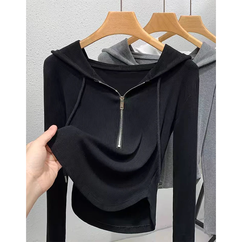 2025秋季新款上衣连帽拉链长袖T恤女修身显瘦设计感百搭短款卫衣