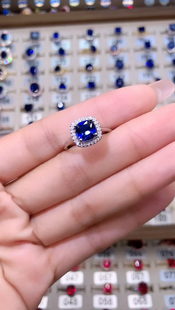 蓝宝石戒指银S925镶嵌7白