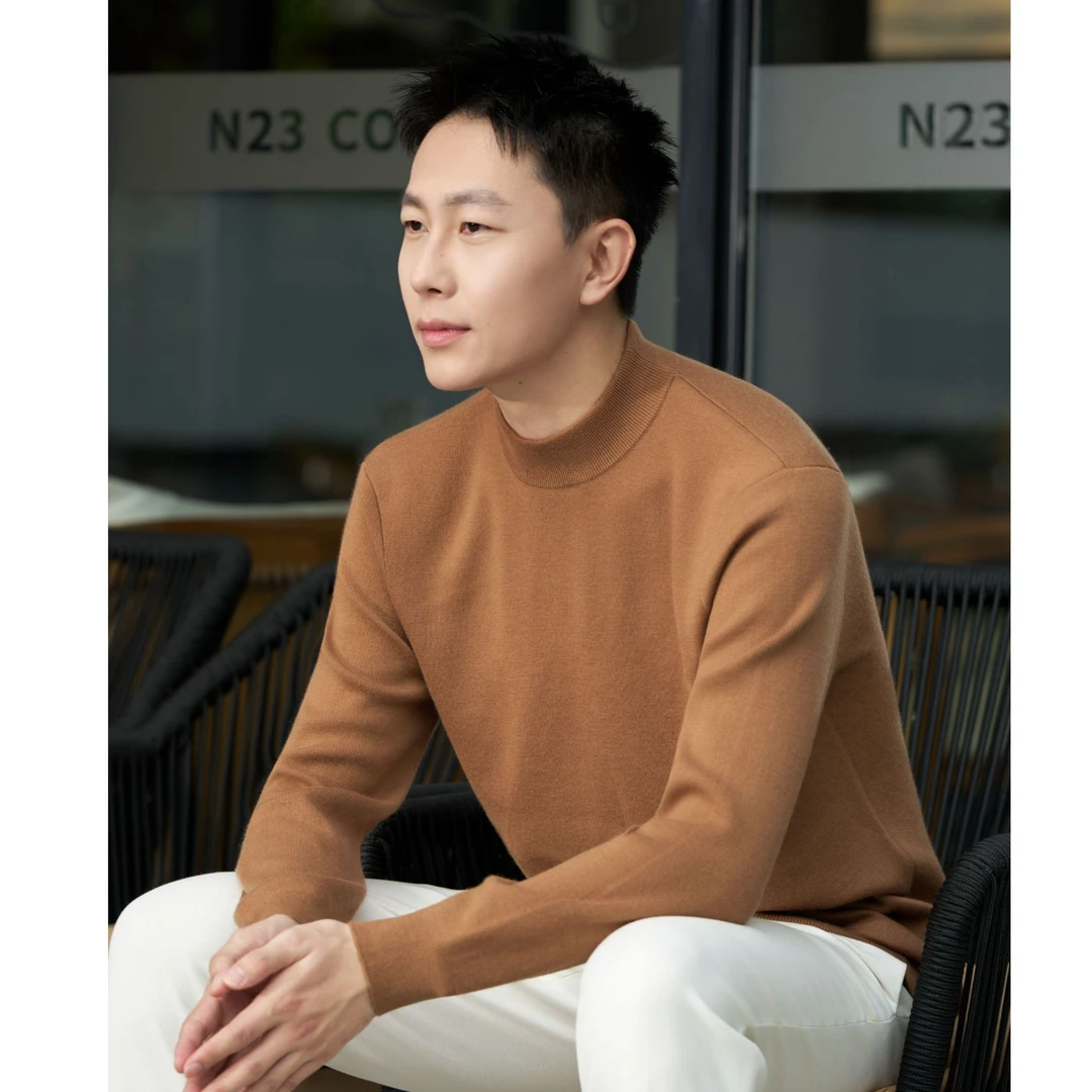 【400克加厚】100%山羊绒26支时尚半高领纯色打底羊绒衫男士