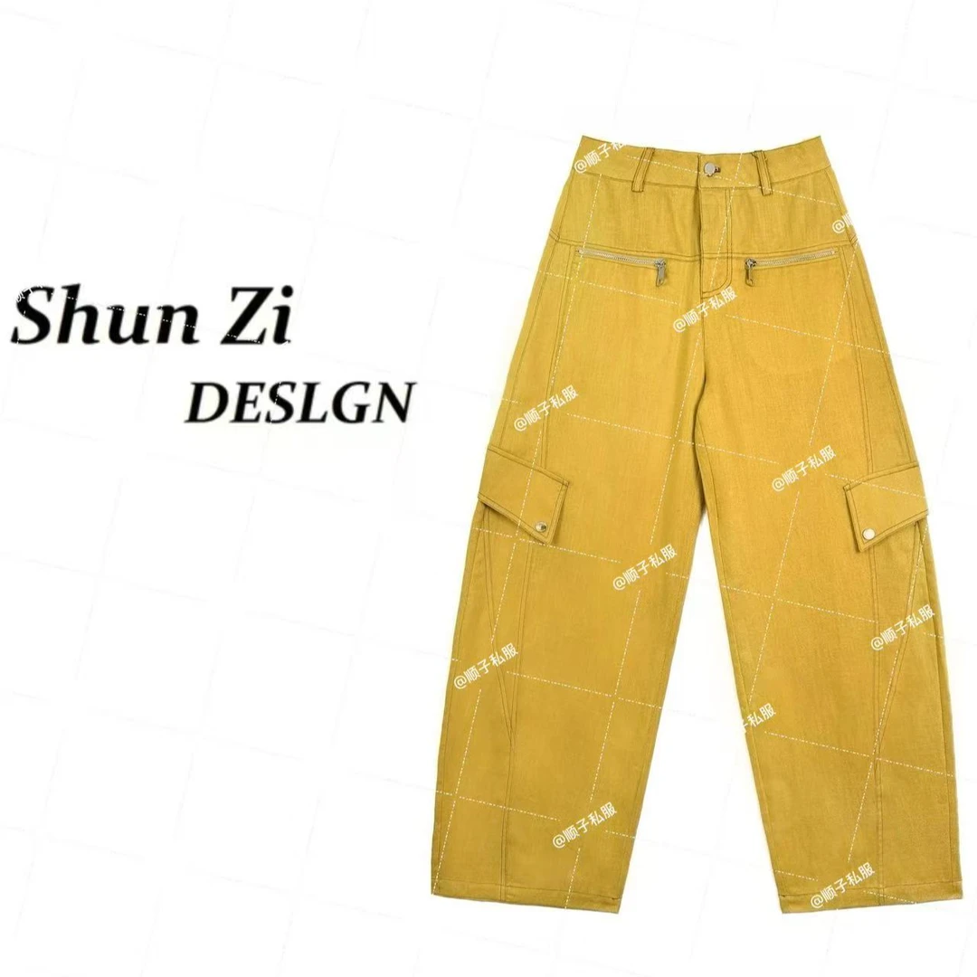 顺子/SZ7027 【小黄裤】夏季新款时尚复古亚麻天.丝拼接拉链弯刀裤