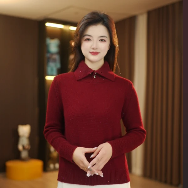 【100羊毛】烟囱领翻领纯羊毛女士针织衫羊毛衣冬季加厚款