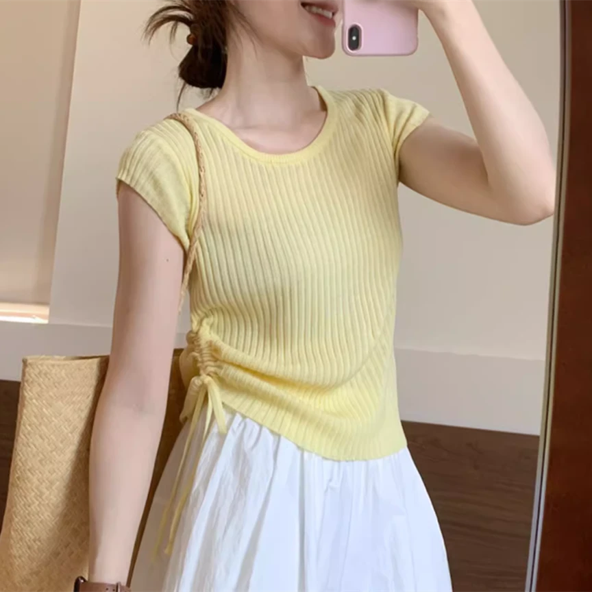 【现货】夏季抽绳针织衫短袖女修身韩版时尚冰丝T恤设计感百搭上衣