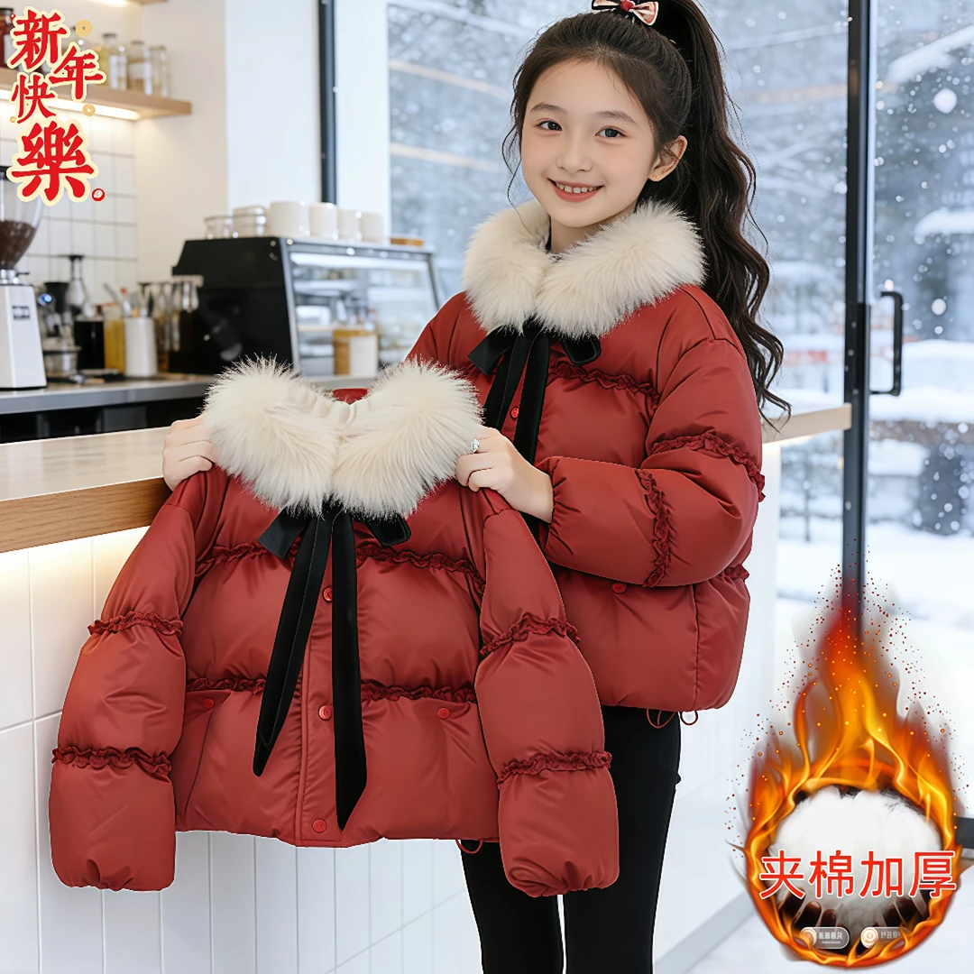 女童红色蝴蝶结棉服冬装2025新款公主风韩版毛领棉棉袄拜年服
