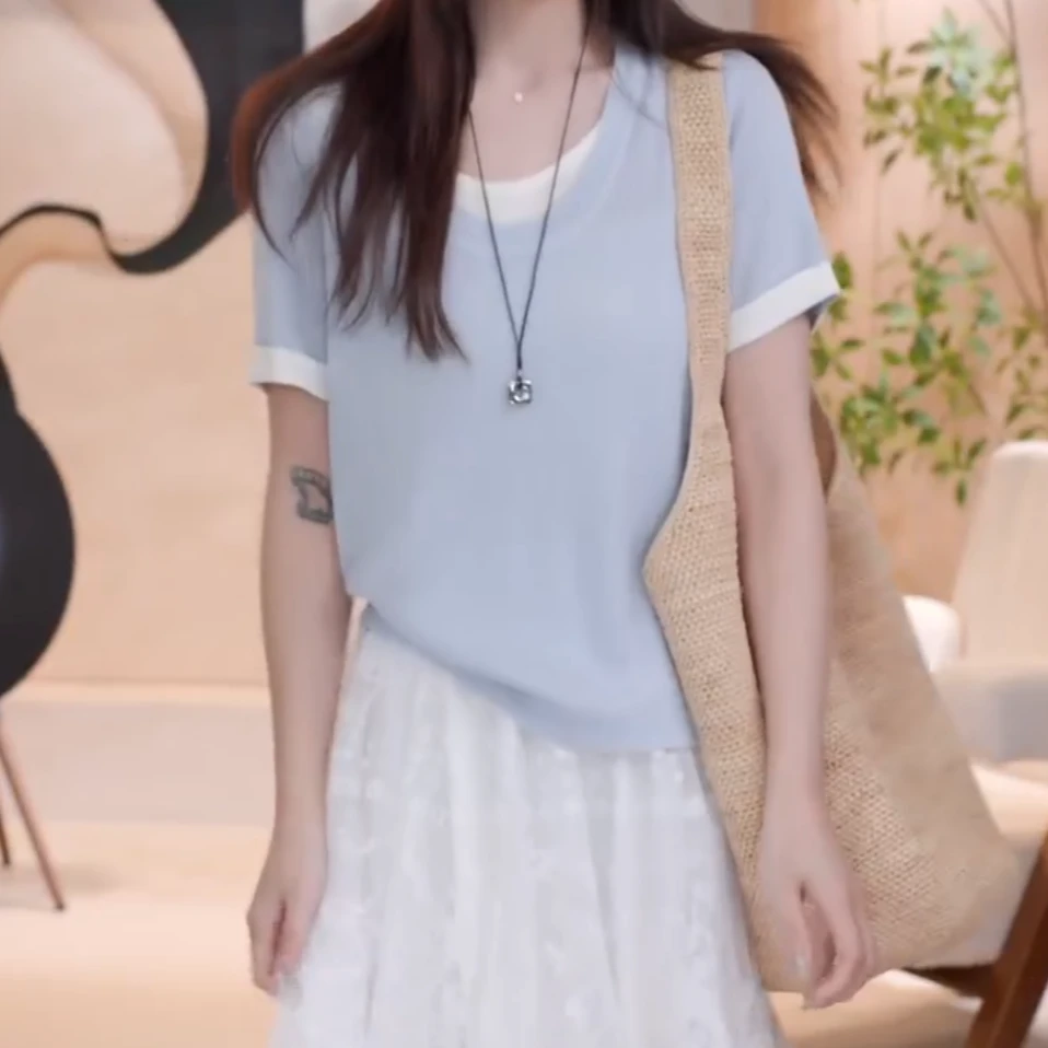 小个子简约INS风显瘦套头拼色短袖T恤女2025春夏圆领针织衫上衣