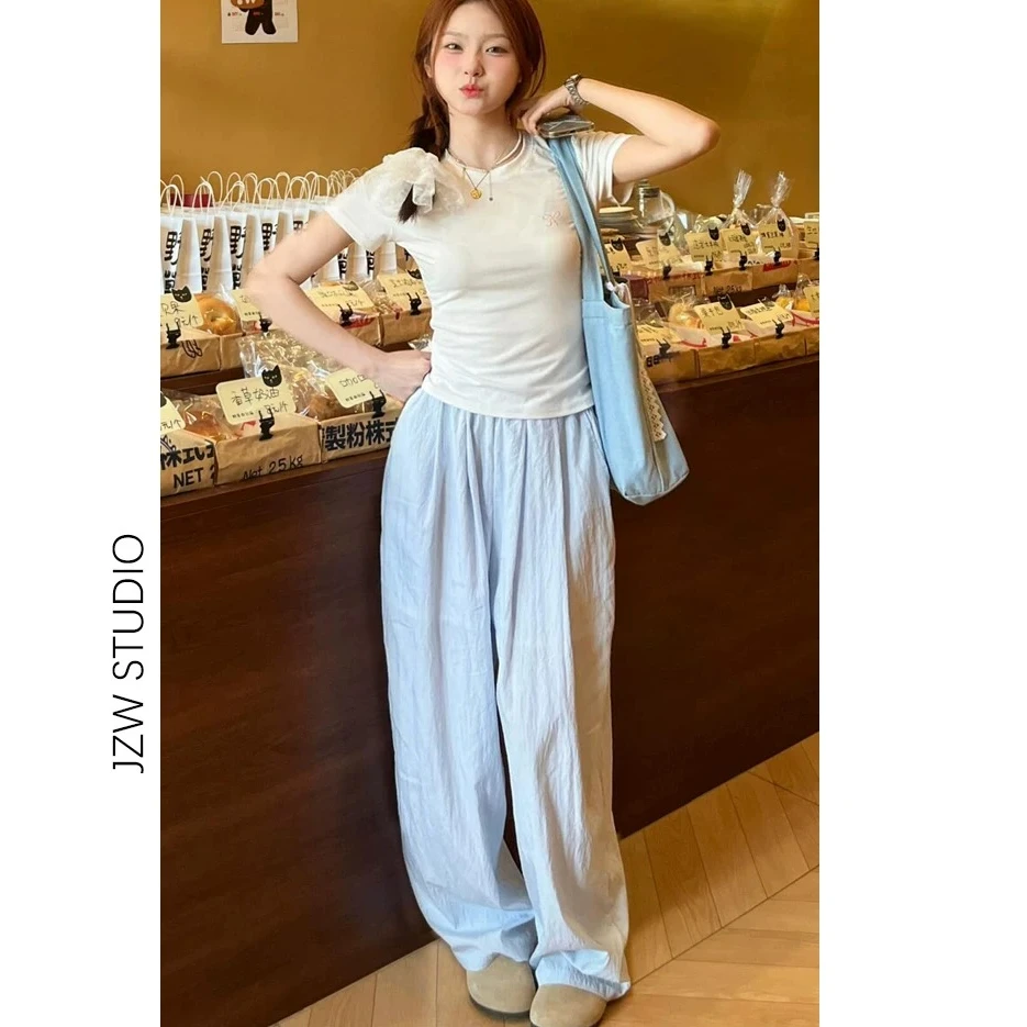 天蓝色山本裤奶芙裤女春秋新款梨型身材高腰宽松垂感阔腿拖地裤