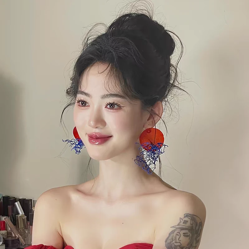 喜看优选15360红蓝网纱撞色耳饰新娘唯美百搭时尚拍照摄影耳饰品