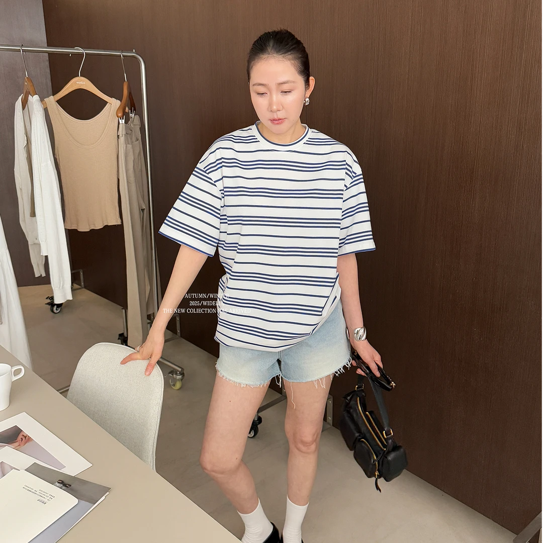 widelia陈姬儿夏季韩系蓝色条纹T恤女百搭圆领宽松短袖上衣7336