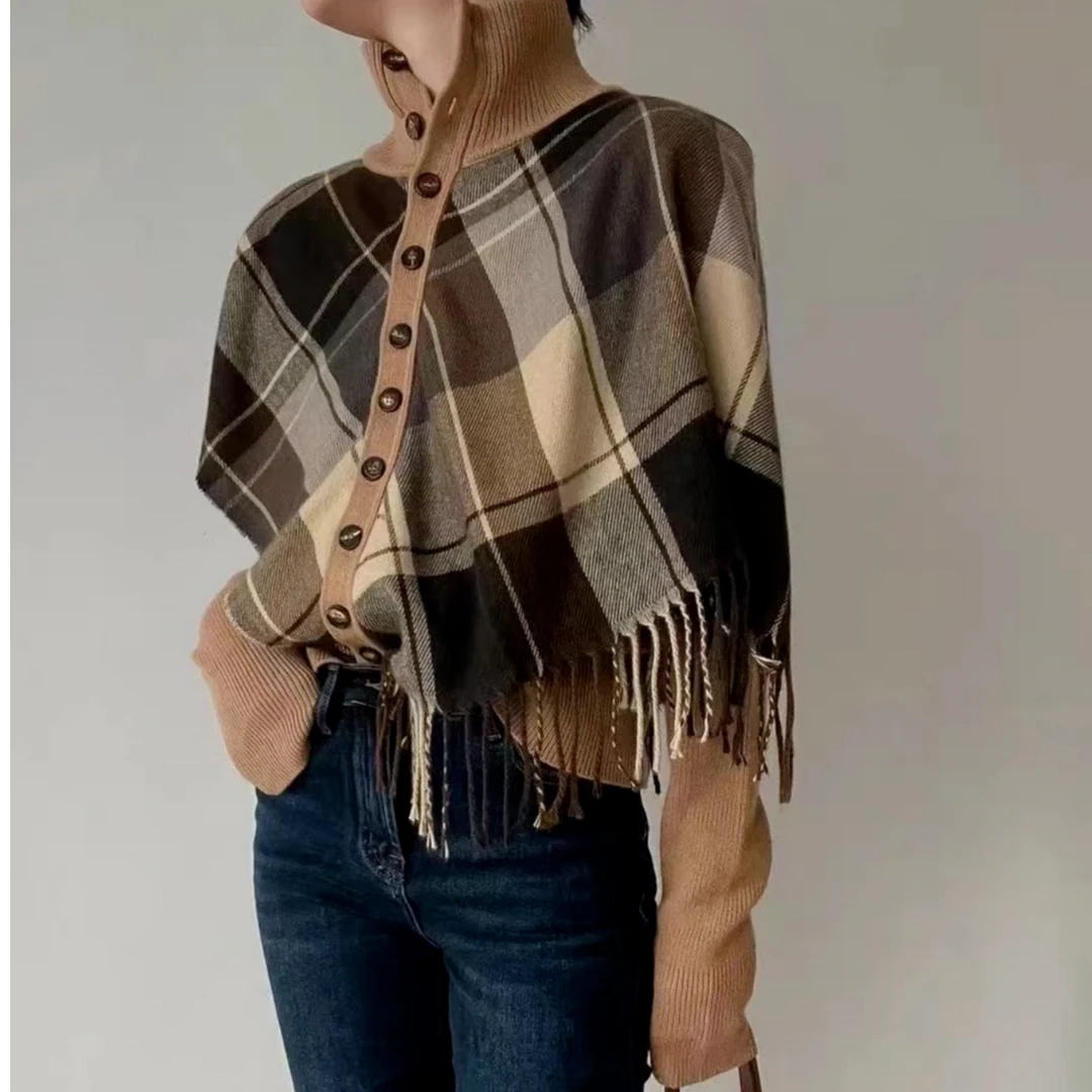 线下569#秋冬立领气质格子流苏款全羊毛毛衣