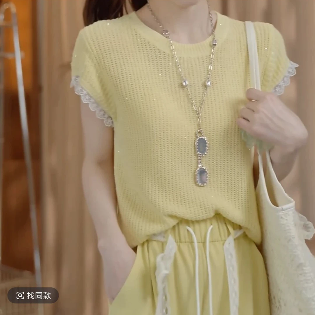 花倾慕欧若风薄款针织T恤女款2025年夏季新款蕾丝拼接短袖上衣525
