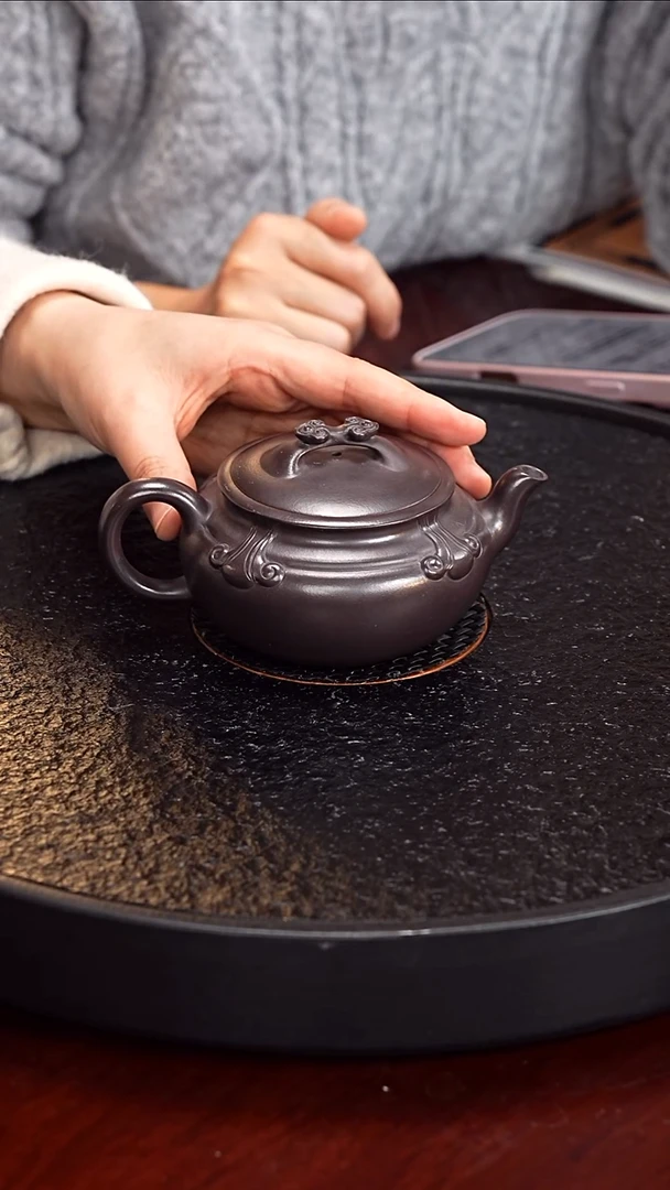 茶壶紫砂许燕  如意圆鼓49 朱玉古天青 280毫升