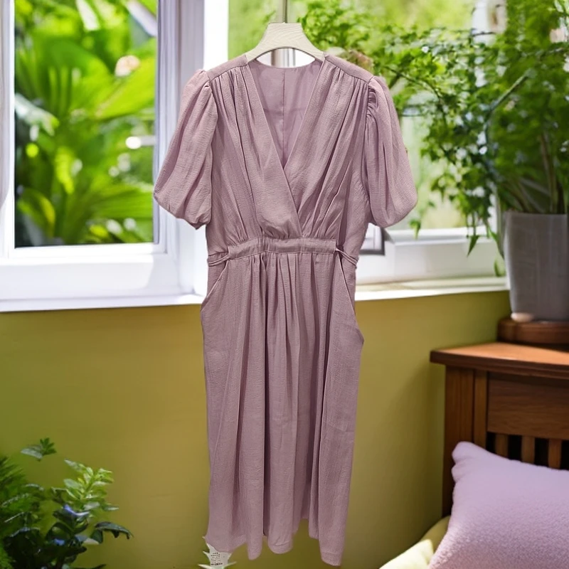 法式气质泡泡袖连衣裙小众设计温柔风显瘦收腰遮肚子减龄