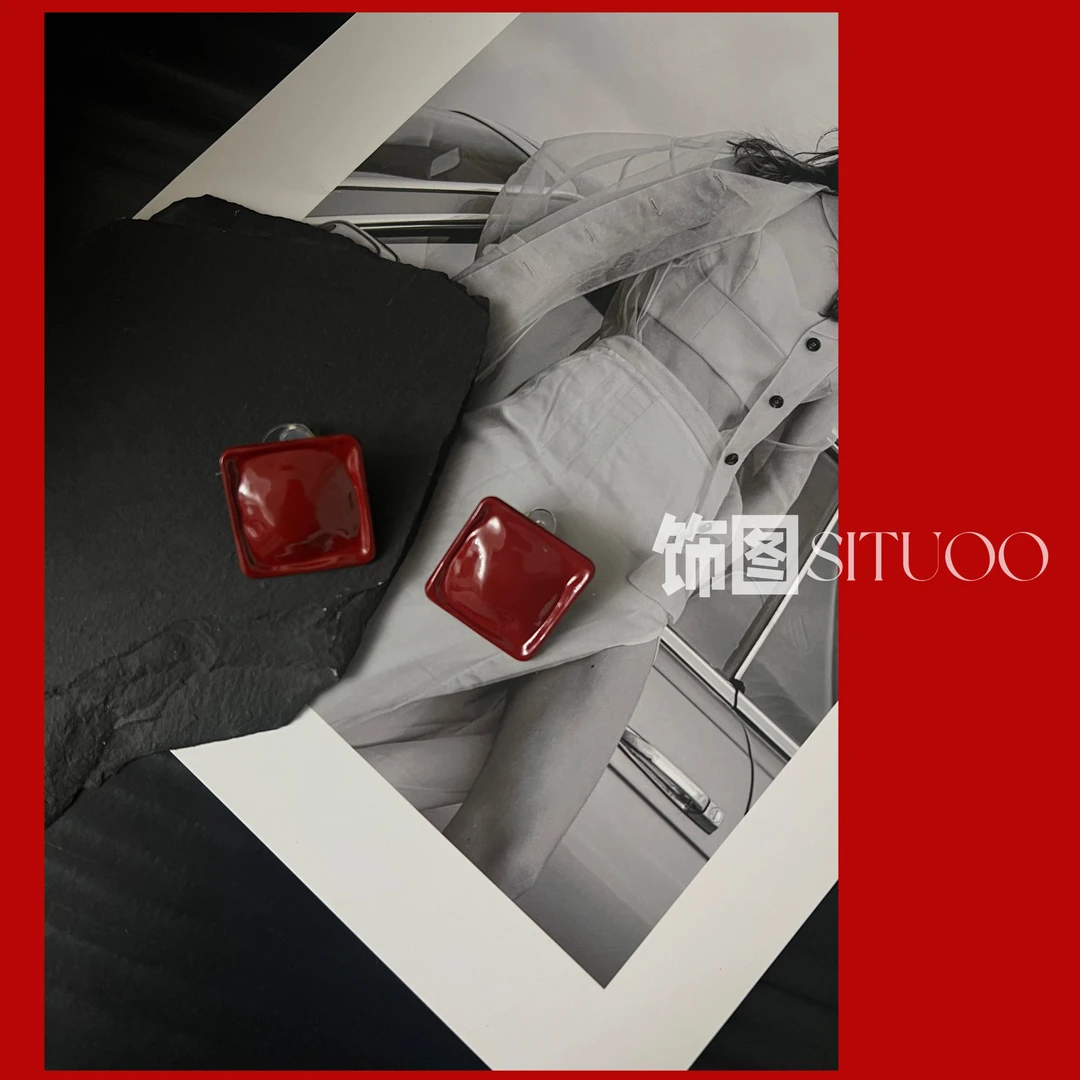 铜合金耳饰 饰图925银针红色小众方块耳饰时尚复古个性气质耳钉