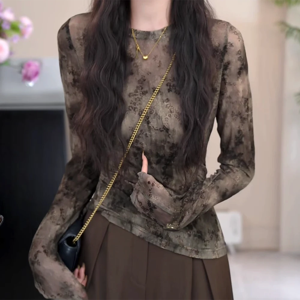 【水木明瑟】千金风修身印花圆领上衣女秋季新款T恤C6367