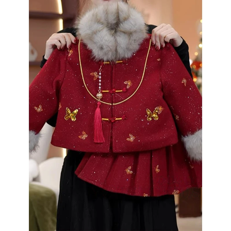 女童新中式拜年服冬季2025新款洋气儿童流苏国风加绒新年红色套装