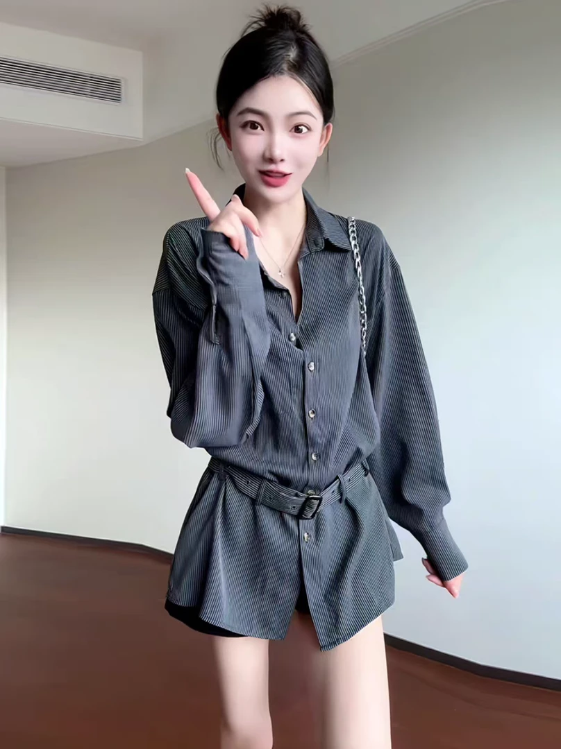 中古解构风性感条纹设计感衬衫2025早秋新款时尚上衣送腰带女