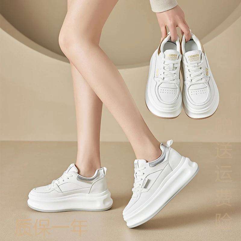 小白鞋女夏季2025新款真皮轻便网面透气松糕厚底鞋百搭运动休闲鞋
