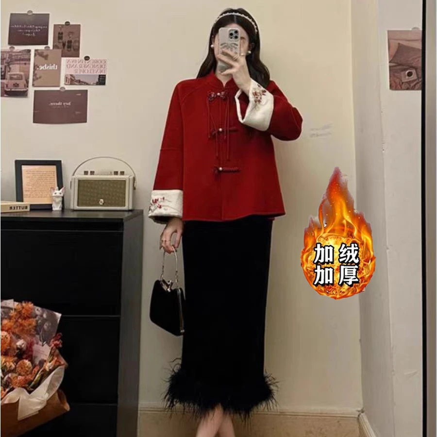 （80-200斤）冬季新中式红色套装过年穿搭胖mm气质国风两件套1697