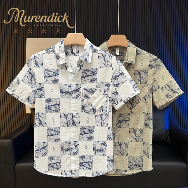 轻奢格子印花短袖衬衫男士夏季新款潮流休闲衬衣百搭宽松半袖上衣