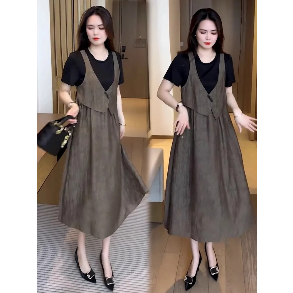 连衣裙女2025夏季新款时髦洋气抽绳收腰显瘦中长款假两件短袖裙子