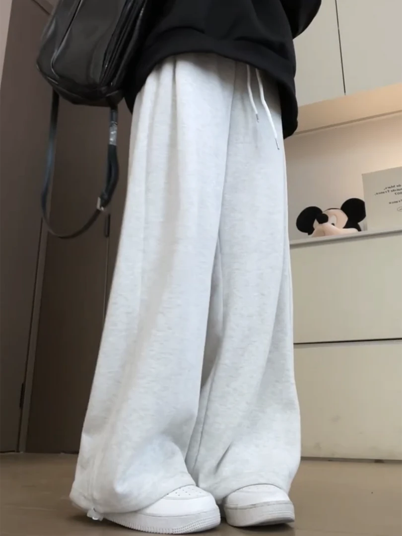 白灰色糯米运动阔腿裤女秋季新款高腰显瘦垂感慵懒风百搭休闲裤子