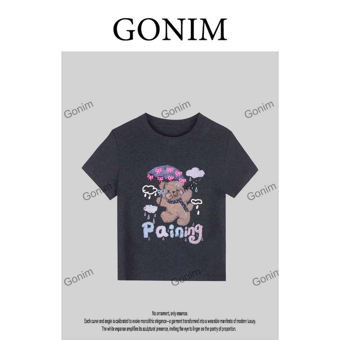 Gonim·"下雨小熊"2025夏季新款条纹撞色字母小熊减龄设计款T恤女