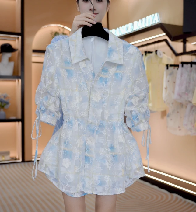 “海岸茉莉” 新法式春夏慵懒感中长款宽松休闲衬衫套装    Y639