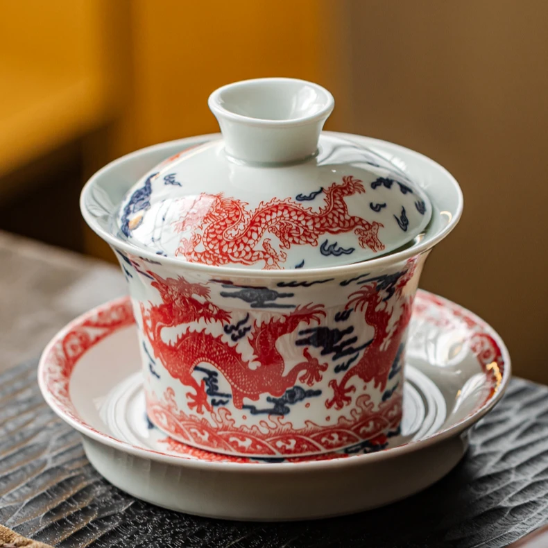 青花釉里红九龙三才盖碗陶瓷带盖复古防烫功夫茶具