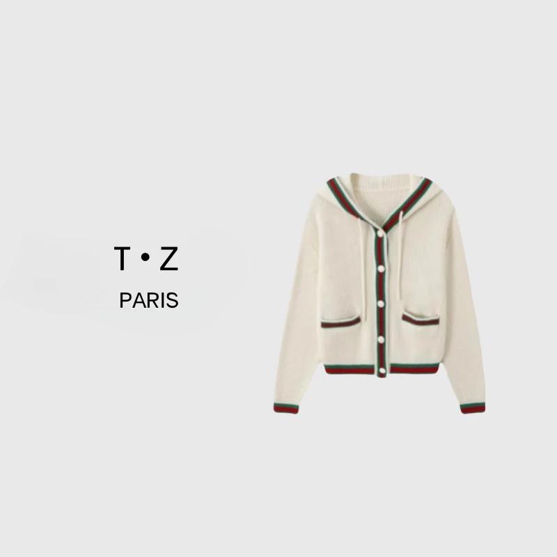 T·Z* 77 红绿拼色双口袋单排扣连帽抽绳针织毛衣外套-8468