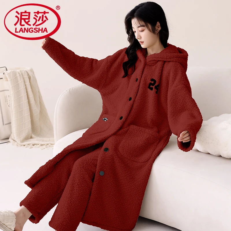 浪莎睡衣女款冬季珊瑚绒加厚加绒红色长款连帽可外穿家居服两件套