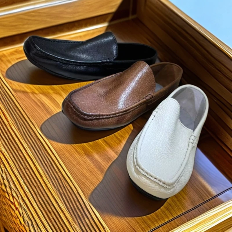 牛皮素面皮鞋车缝线透气豆豆鞋时尚软底流浪丹宁风真皮豆豆鞋男士