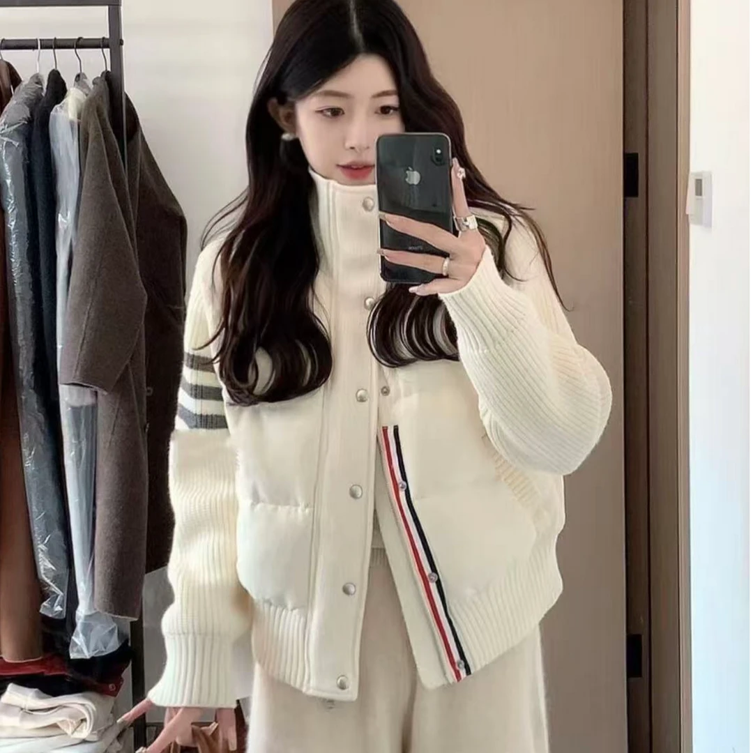 韩系立领保暖棉服假两件冬季针织拼接设计感外套秋冬