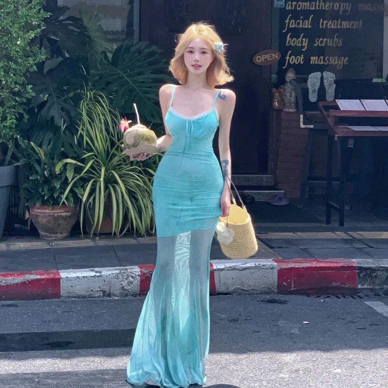 度假风法式绿色蝴蝶结拼蕾丝印花吊带连衣裙女收腰显瘦包臀鱼尾裙