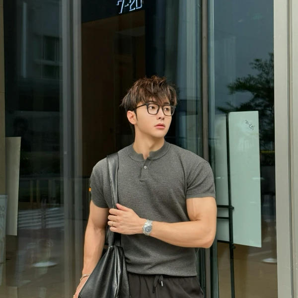 夏季韩系老钱风纯色商务针织透气散热休闲男士短袖亨利T恤衫运动