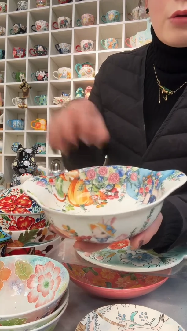 瓷片6英寸南瓜兔双耳碗一只