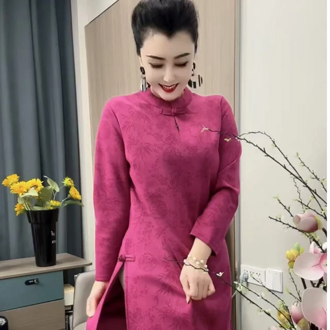 高级盘扣时尚大码中式显瘦复古国风加厚提花长衫