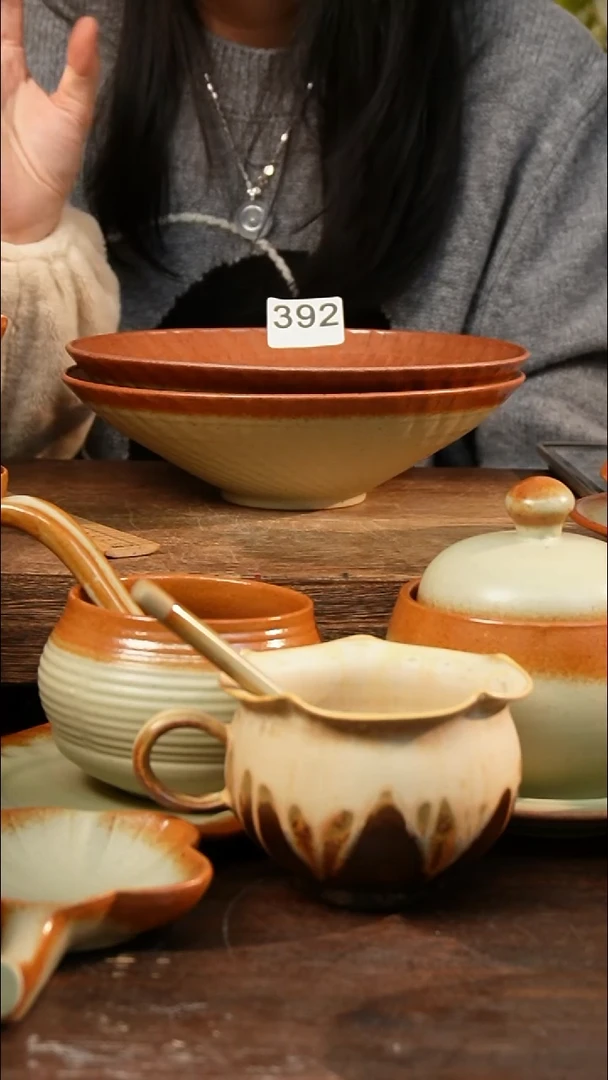 盘高颜值粗陶餐具限时抢购  竹编汤碗二个装