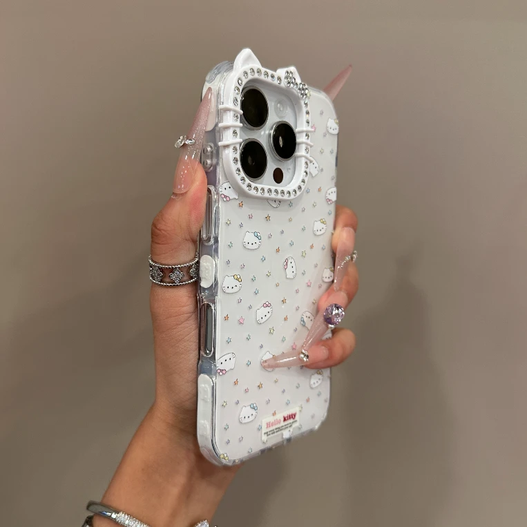 ins高颜值KT猫边框镜子闪钻适用苹果16promax手机壳15promax新款