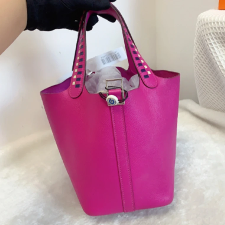 99新 Hermes/爱马仕 菜篮子18玉兰粉编织手柄银扣C手提包