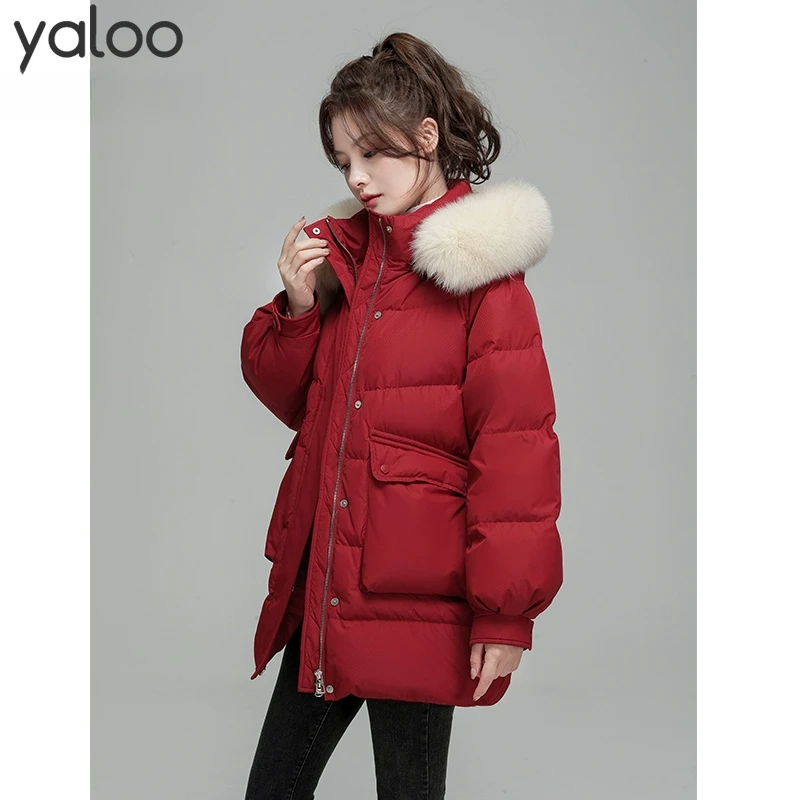 雅鹿本命年红色羽绒女士2025年新款连帽狐狸毛毛领加厚保暖外套