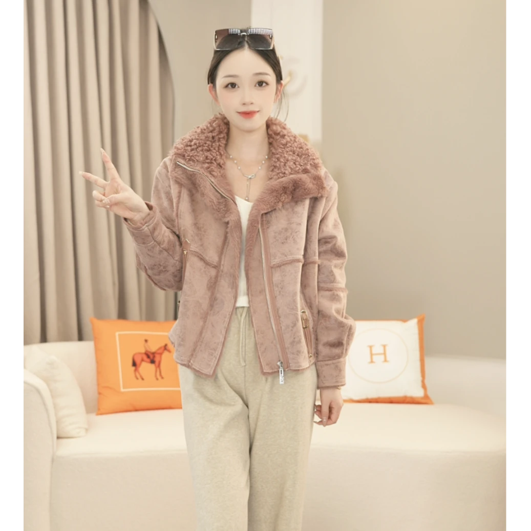 加厚升级 琼姐精选 海宁短款时尚女士冬季皮毛一体翻领外套8081