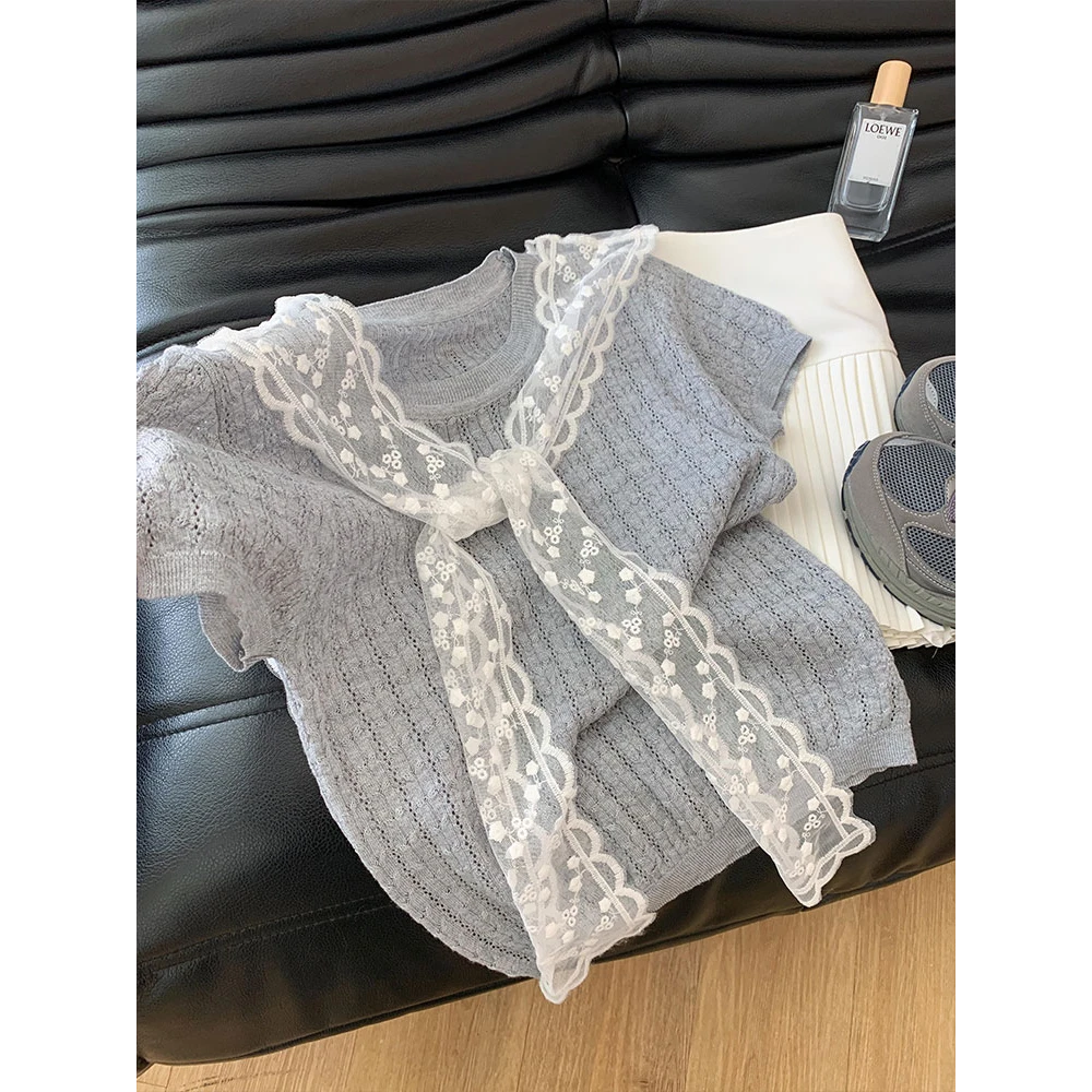 法式温柔风蕾丝拼接披肩短袖针织衫女开春独特设计感小众外穿上衣