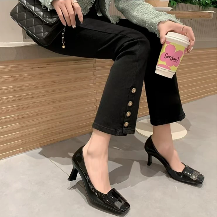 63101 新款法式浅口高跟鞋女粗跟方头百搭单鞋