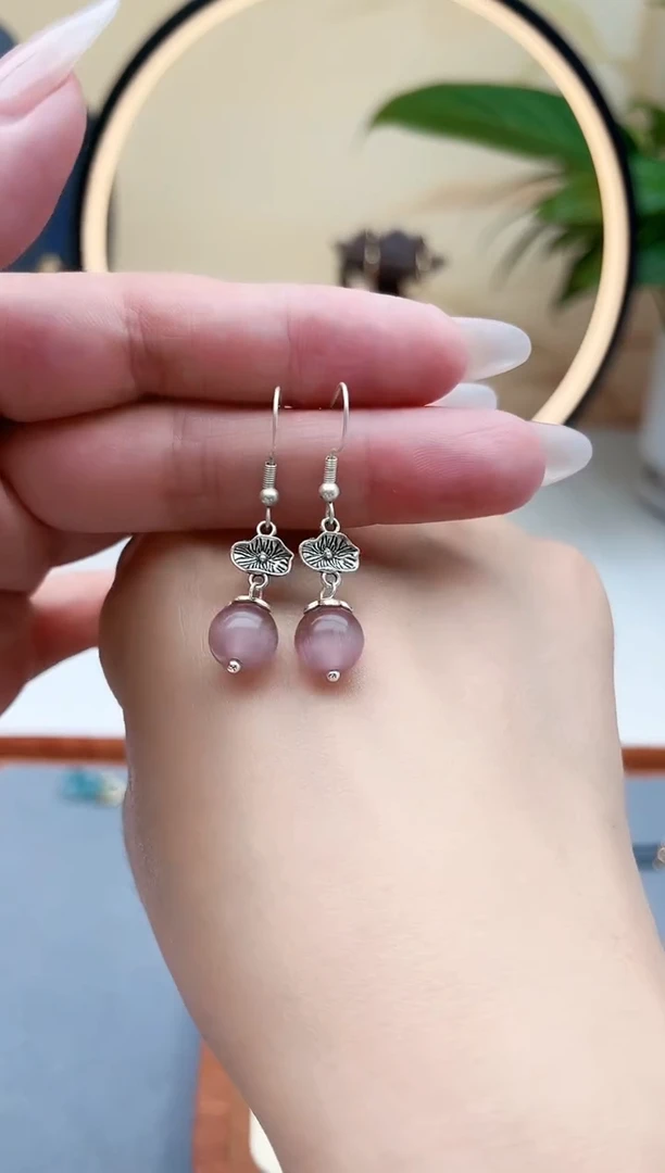 石英质玉银S925镶嵌耳饰8856