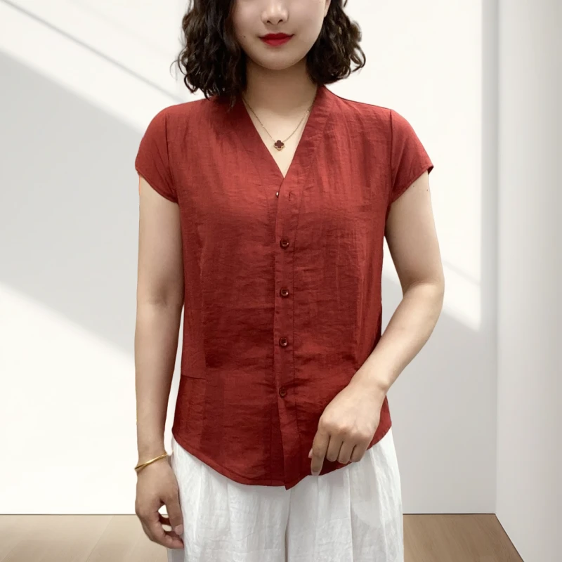 2025夏季新款日常简约亲肤透气V领短袖上衣时尚减龄纯色遮肉上衣