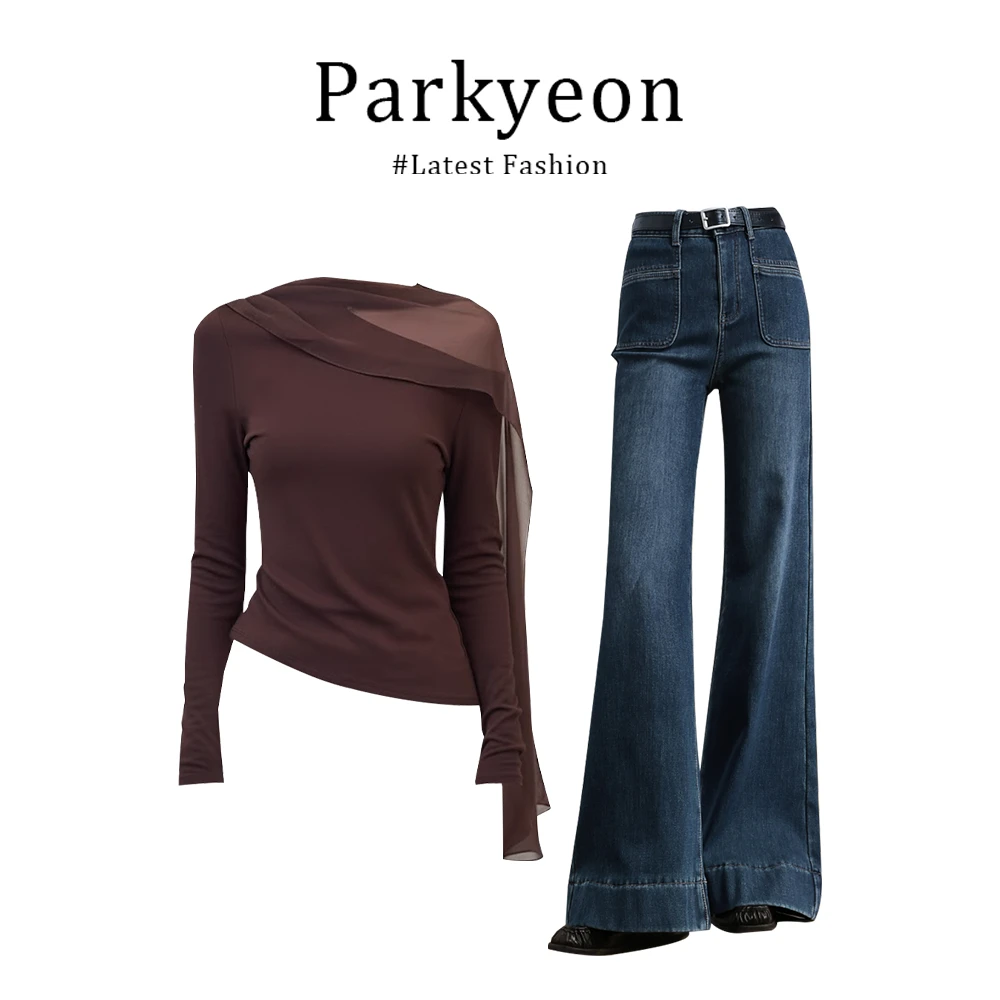 美拉德风斜肩网纱飘带针织衫加绒加厚牛仔裤冬季套装女