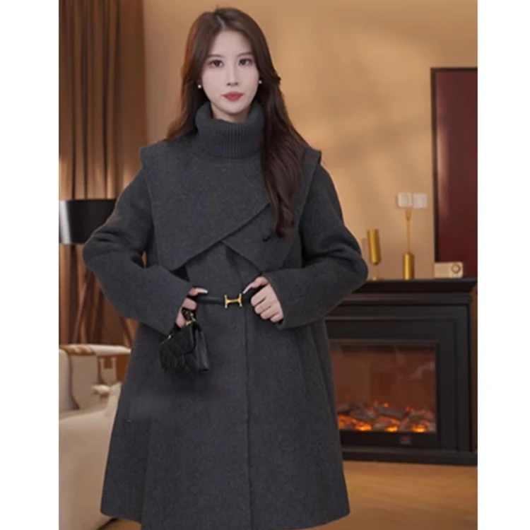 冬季中长款韩系洋气质外套2025新款可拆卸针织披肩斗篷毛呢大衣女