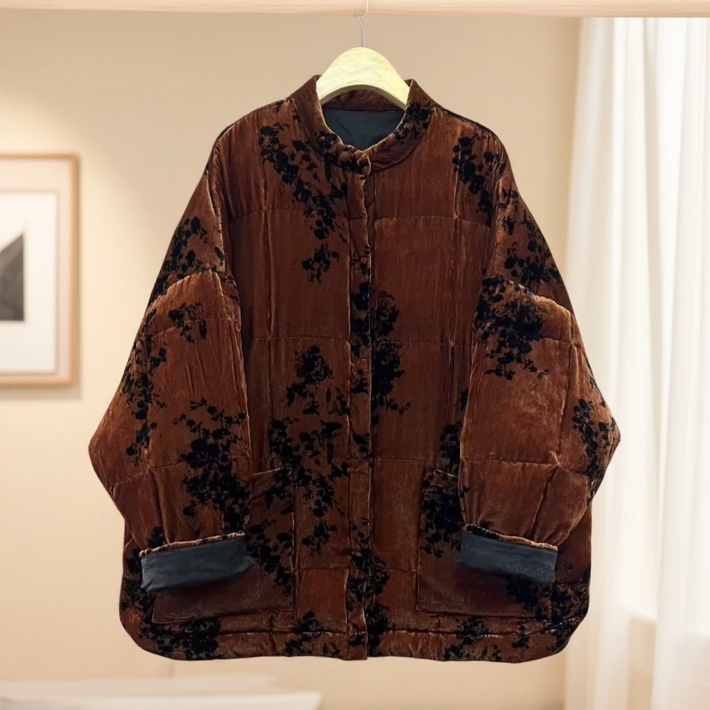 古兰木3876立领加厚复古保暖宽松桑蚕丝50%棉衣