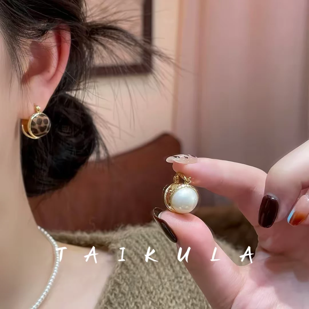 铜合金布艺耳饰 豹纹圆形双面可戴耳扣高级感精致轻奢耳环女秋冬