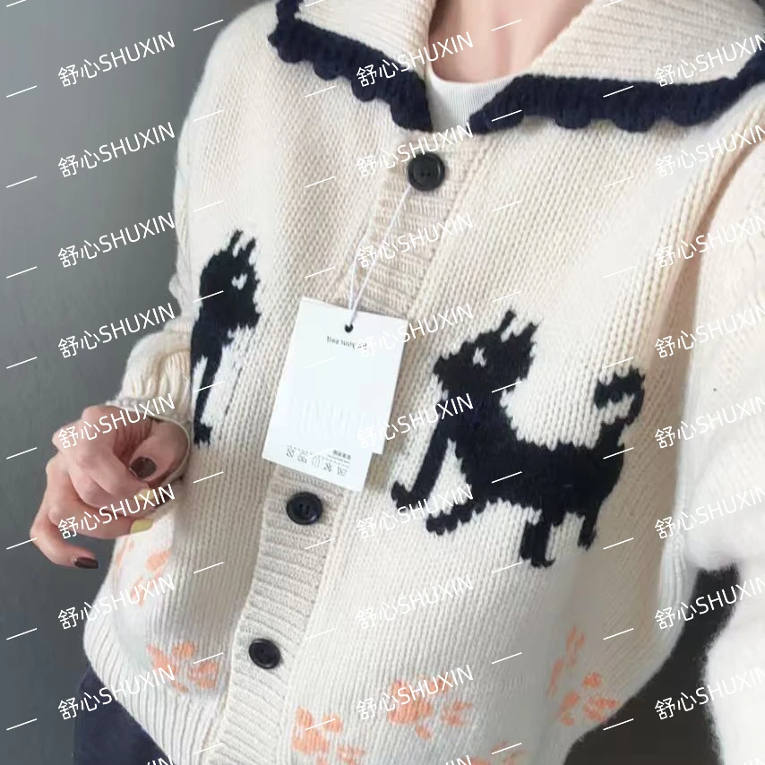 【舒心】拼色翻领针织加厚卡通刺绣羊毛开衫CLSX-0260